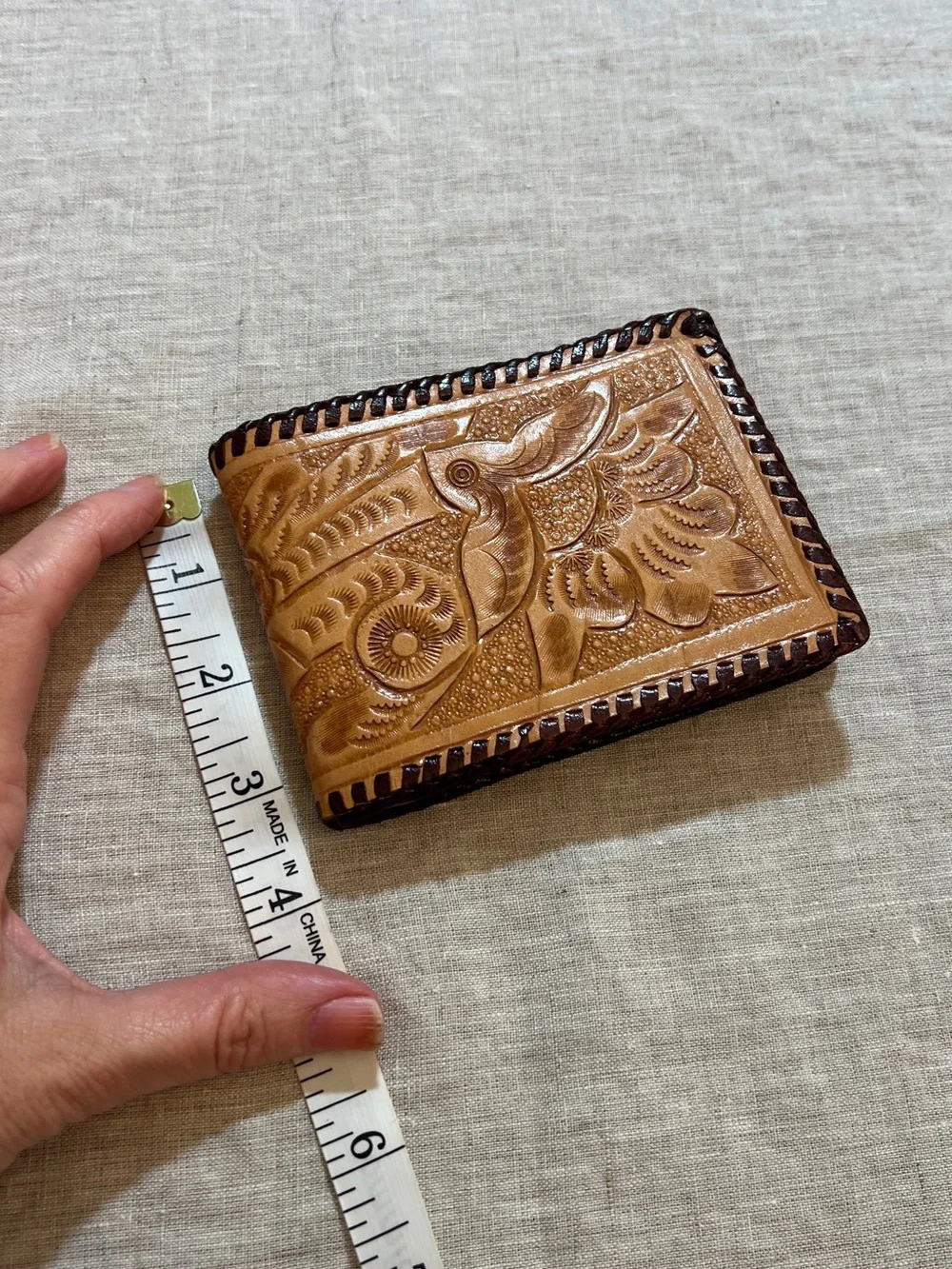 Hand-Tooled Leather Bifold Wallet - Tan with Dark Brown Trim